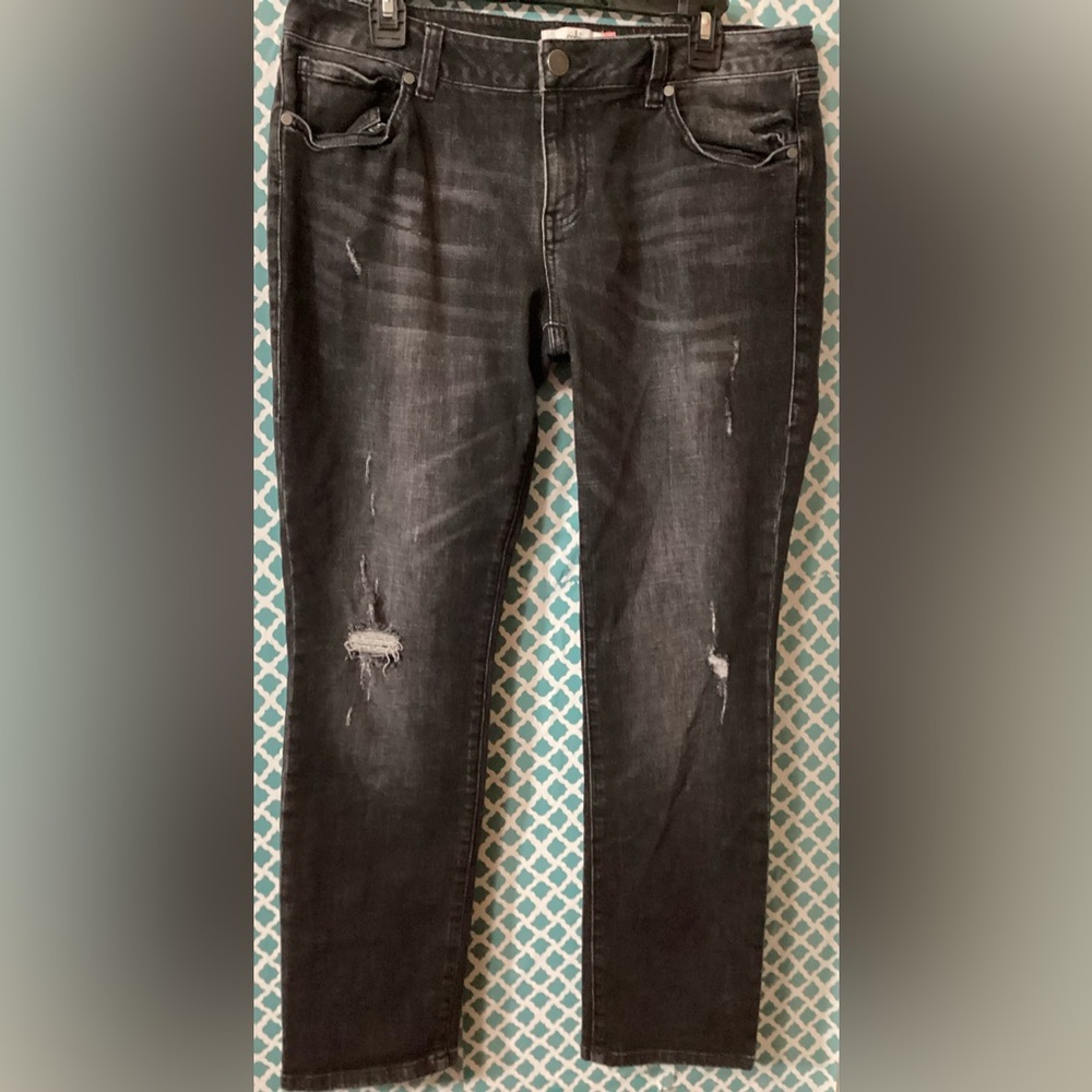 CAbi Black Slim Boyfriend Jeans dark wash distressed women’s size 12